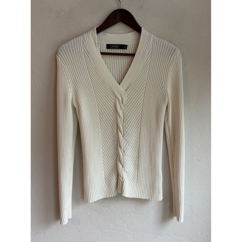 Lauren Ralph Lauren Twist Cable Knit Ribbed Sweater M Old Money Preppy Cream